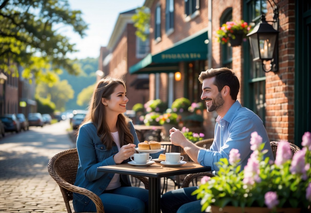 A young couple enjoying coffee together at an outdoor café with historic buildings and greenery in the background.