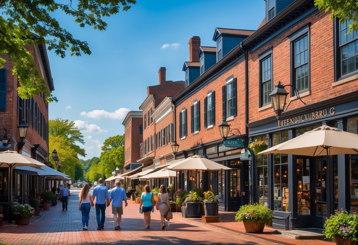 People walking along a sunny historic downtown street lined with brick buildings, shops, and outdoor seating in Fredericksburg, Virginia.