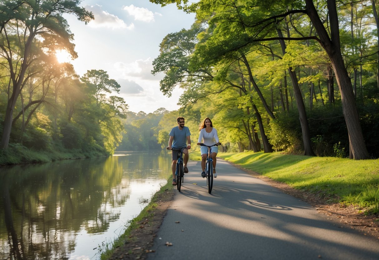 A couple biking on a trail beside a calm river surrounded by green trees and clear sky.