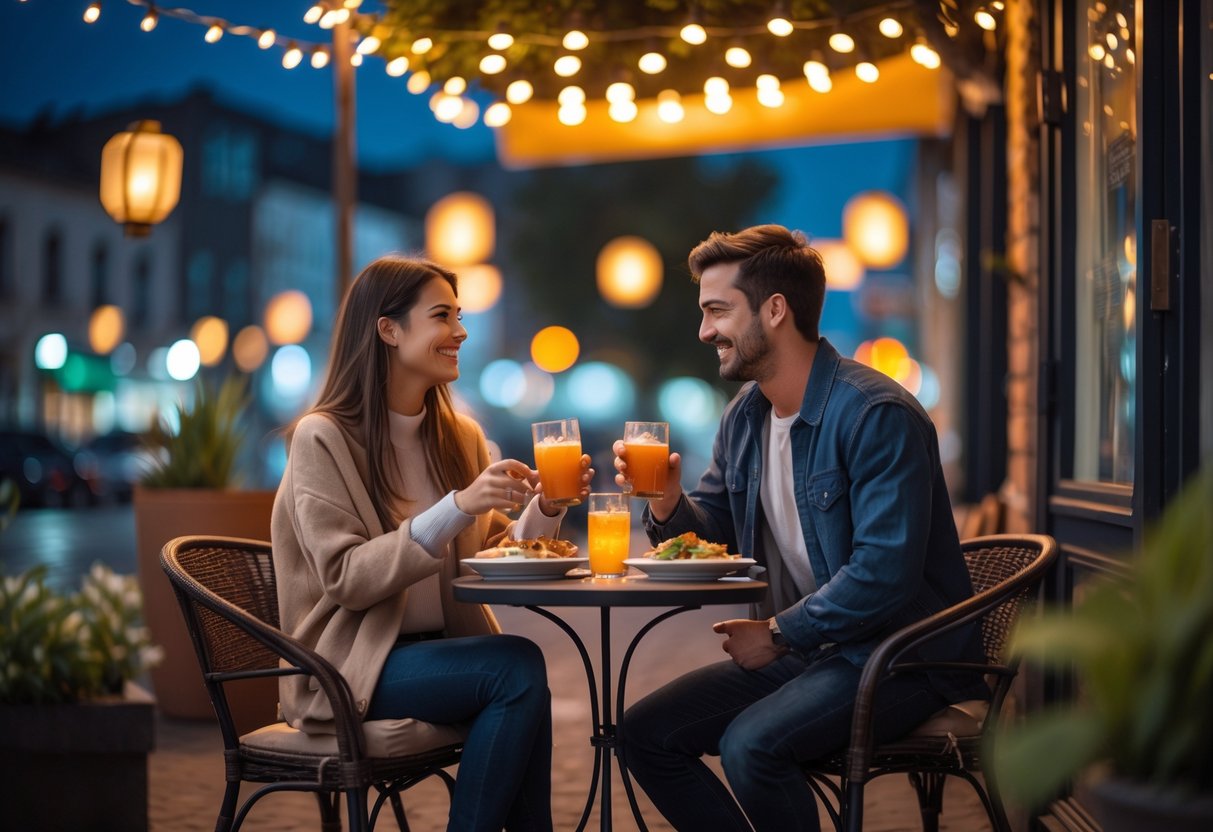 A young couple sitting at an outdoor café table under string lights, enjoying a meal and drinks on a Friday night.
