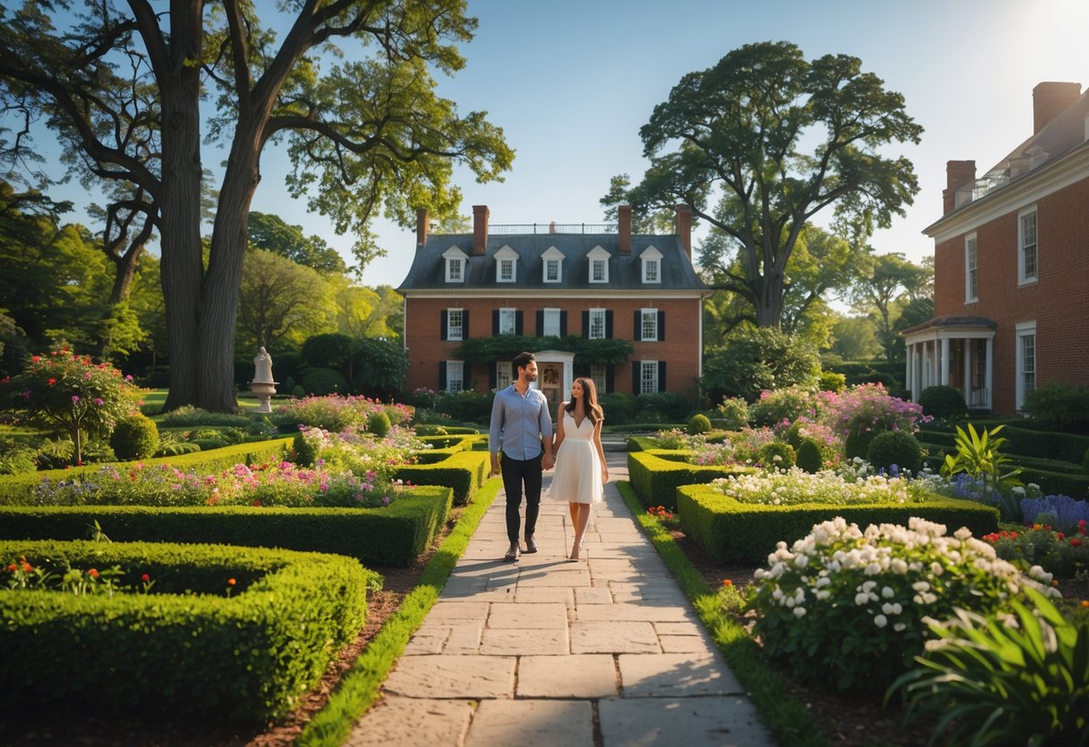 A young couple walking hand in hand through a vibrant garden with flowers and trees, with a historic brick mansion in the background.