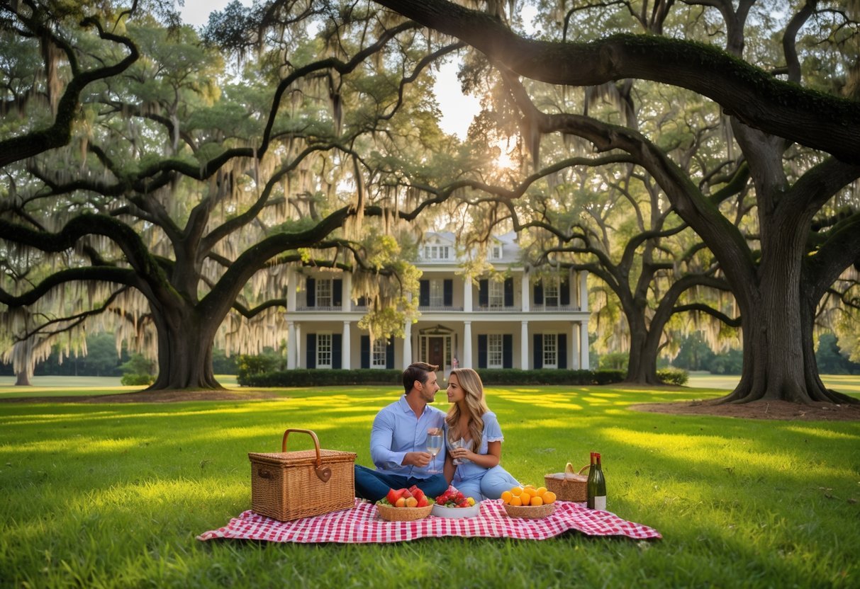 A couple enjoying a picnic under large live oak trees with Spanish moss at Chatham Manor in Fredericksburg, Virginia.