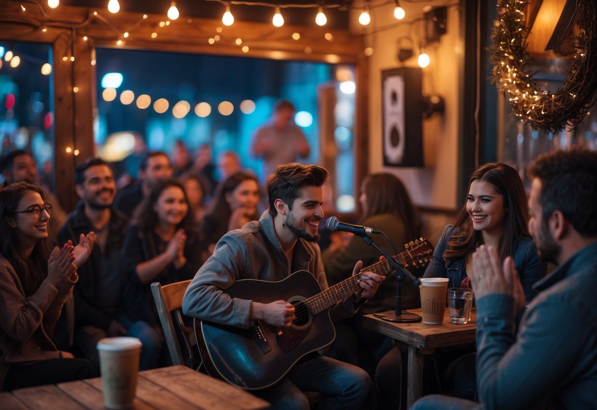 A young couple enjoying a live music performance at a small, cozy venue with a musician playing guitar on stage and an engaged audience.
