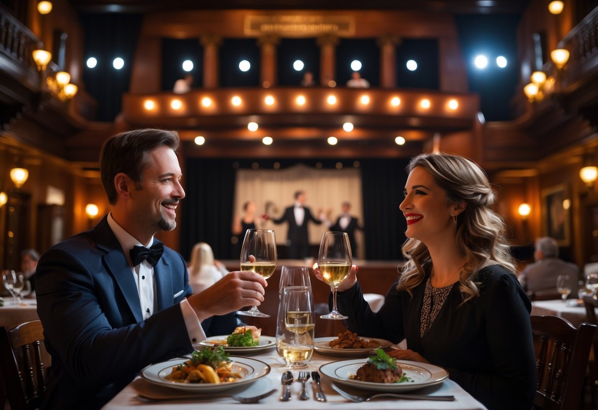 A couple enjoying a live performance while dining at a dinner theatre.
