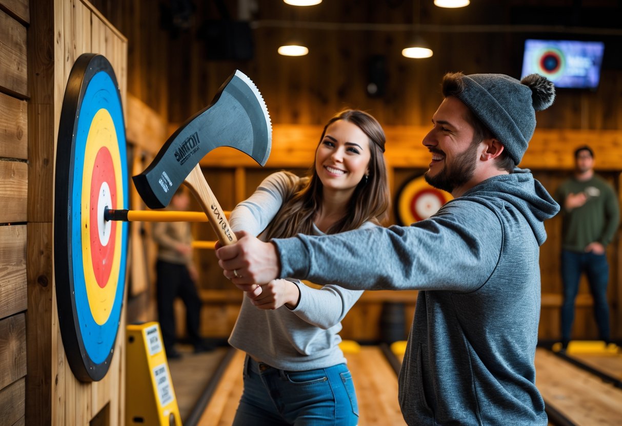A young couple enjoying axe throwing together at a local indoor venue.