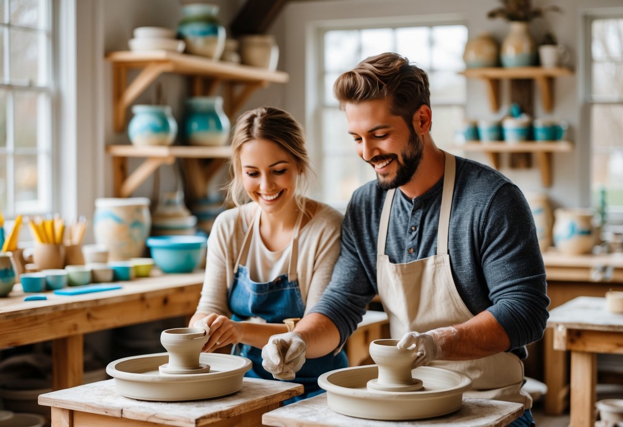 A couple making pottery together inside an arts workshop with shelves of art supplies and natural light.