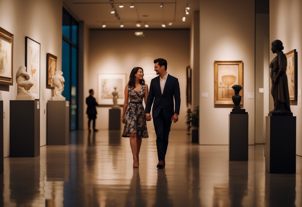 A couple walking hand-in-hand inside an art gallery with paintings and sculptures around them during evening hours.