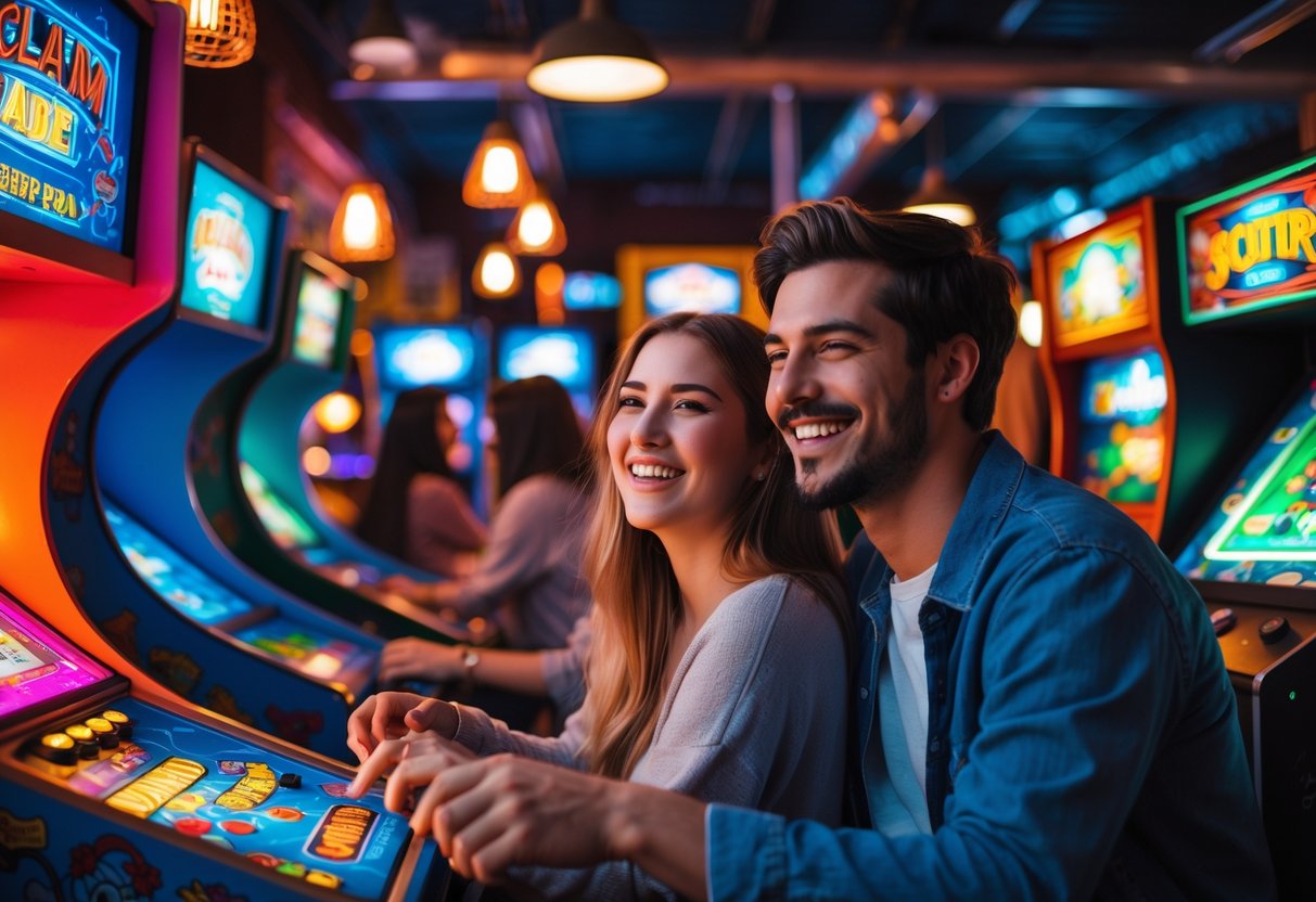 A young couple playing classic arcade games together inside a colorful arcade filled with vintage game machines and neon lights.