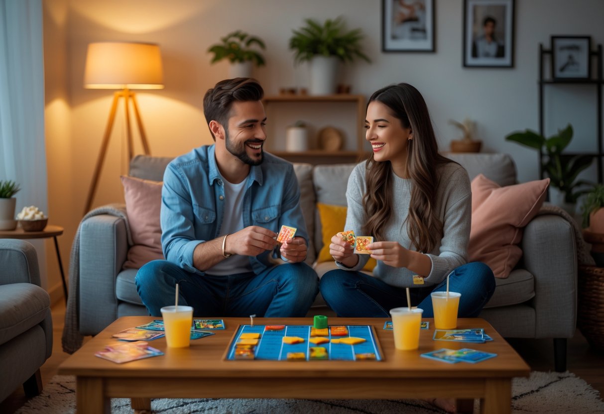 A couple sitting at a coffee table playing board games and card games together in a cozy living room.