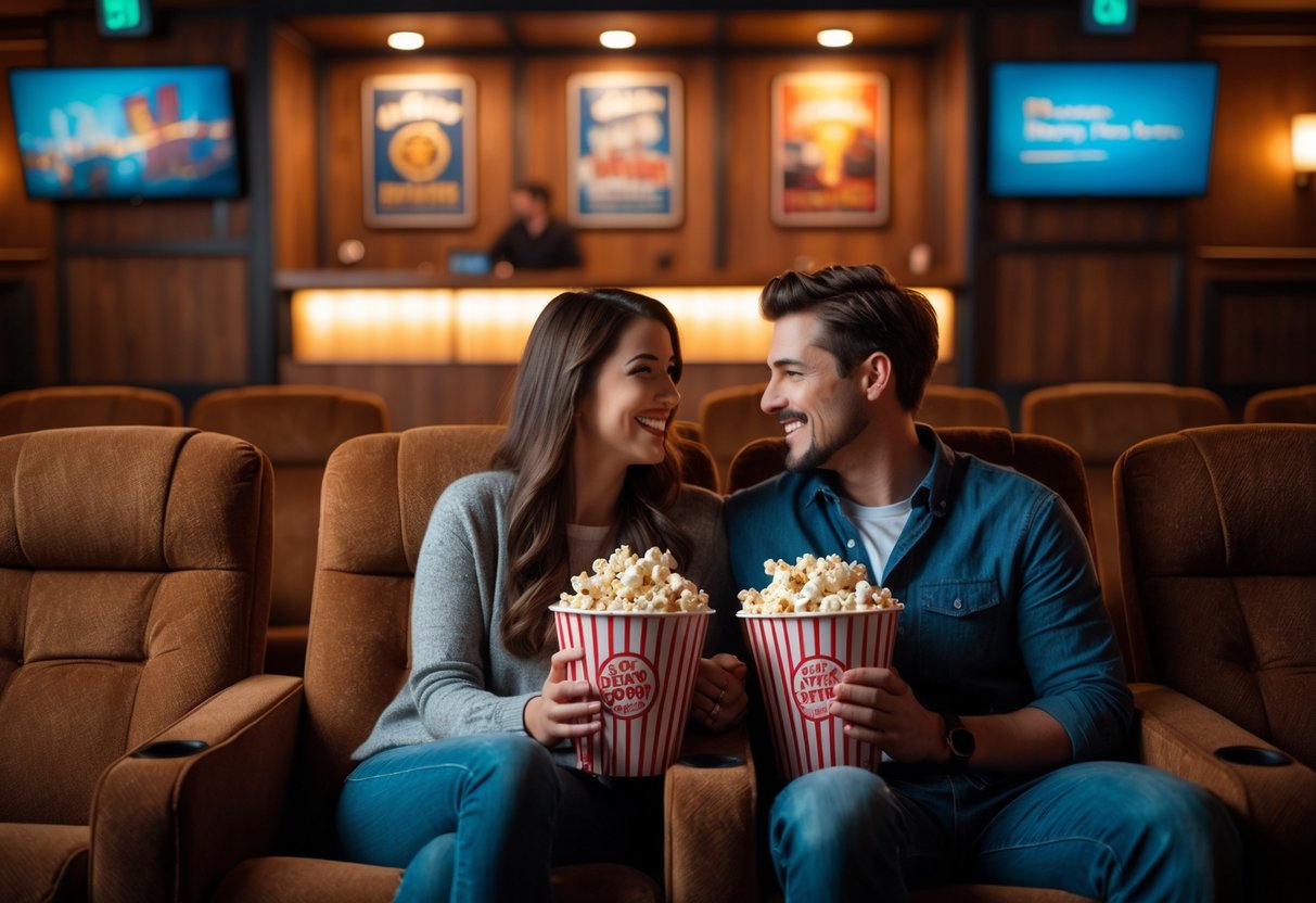 A young couple seated together in a cozy movie theater, sharing popcorn and smiling at each other.