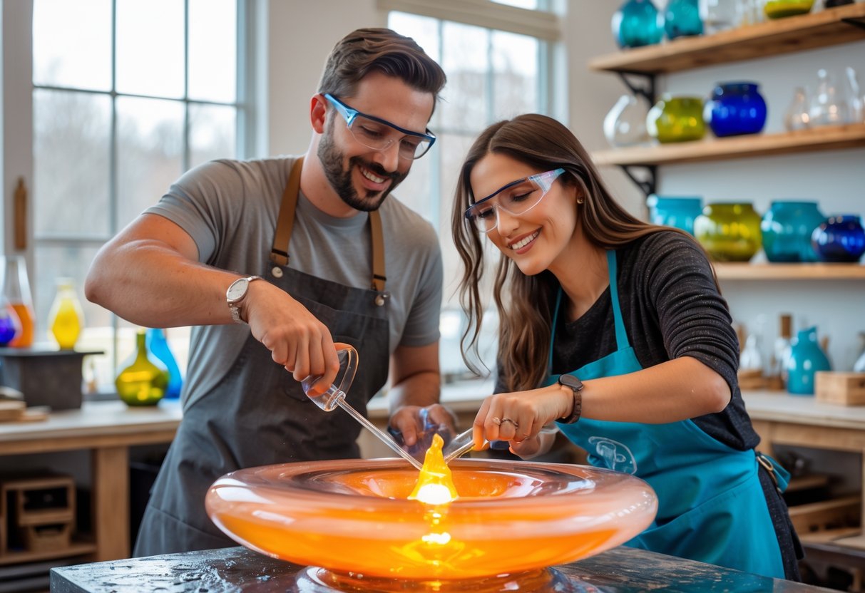 A couple making glass art together in a bright studio, shaping molten glass with tools.