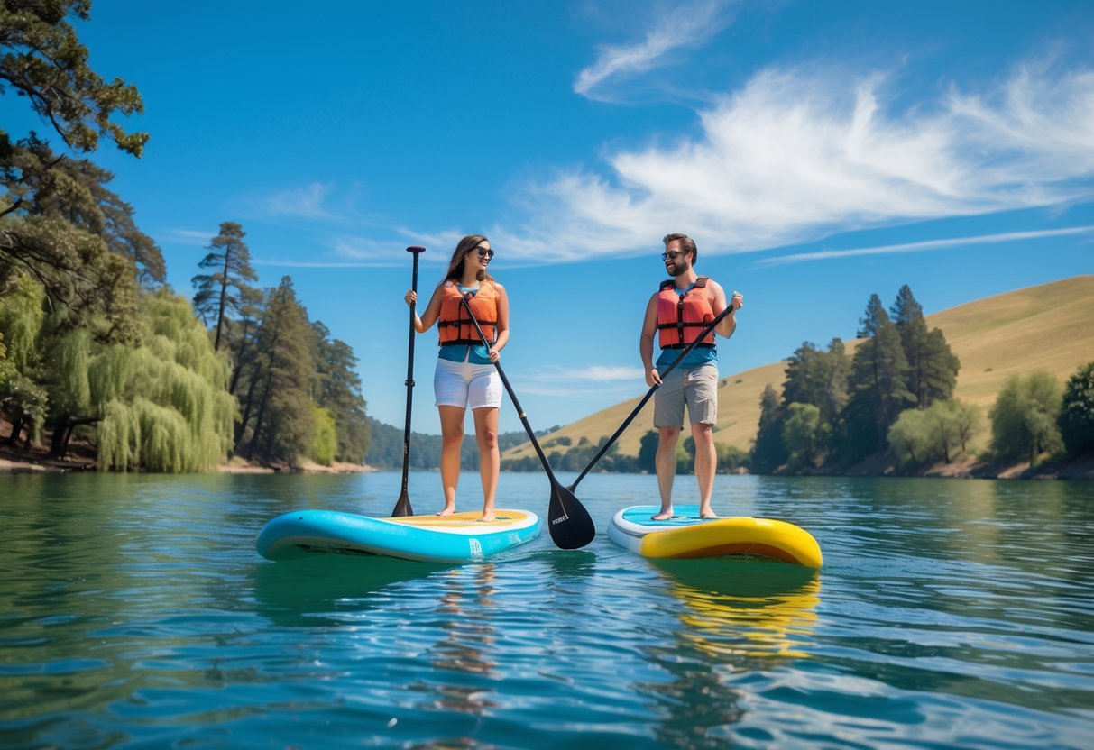 A couple paddleboarding together on calm water surrounded by trees and hills under a blue sky.