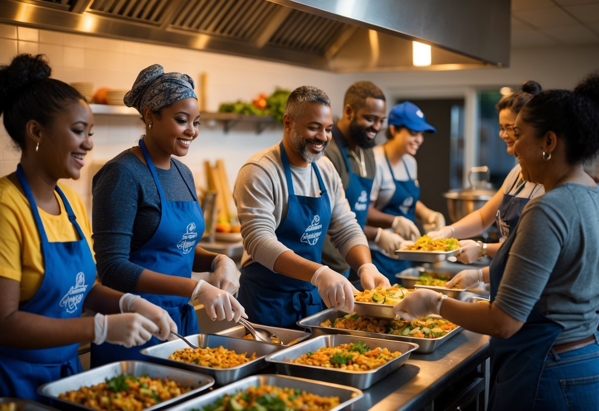 A diverse group of volunteers preparing and serving food together in a community kitchen.