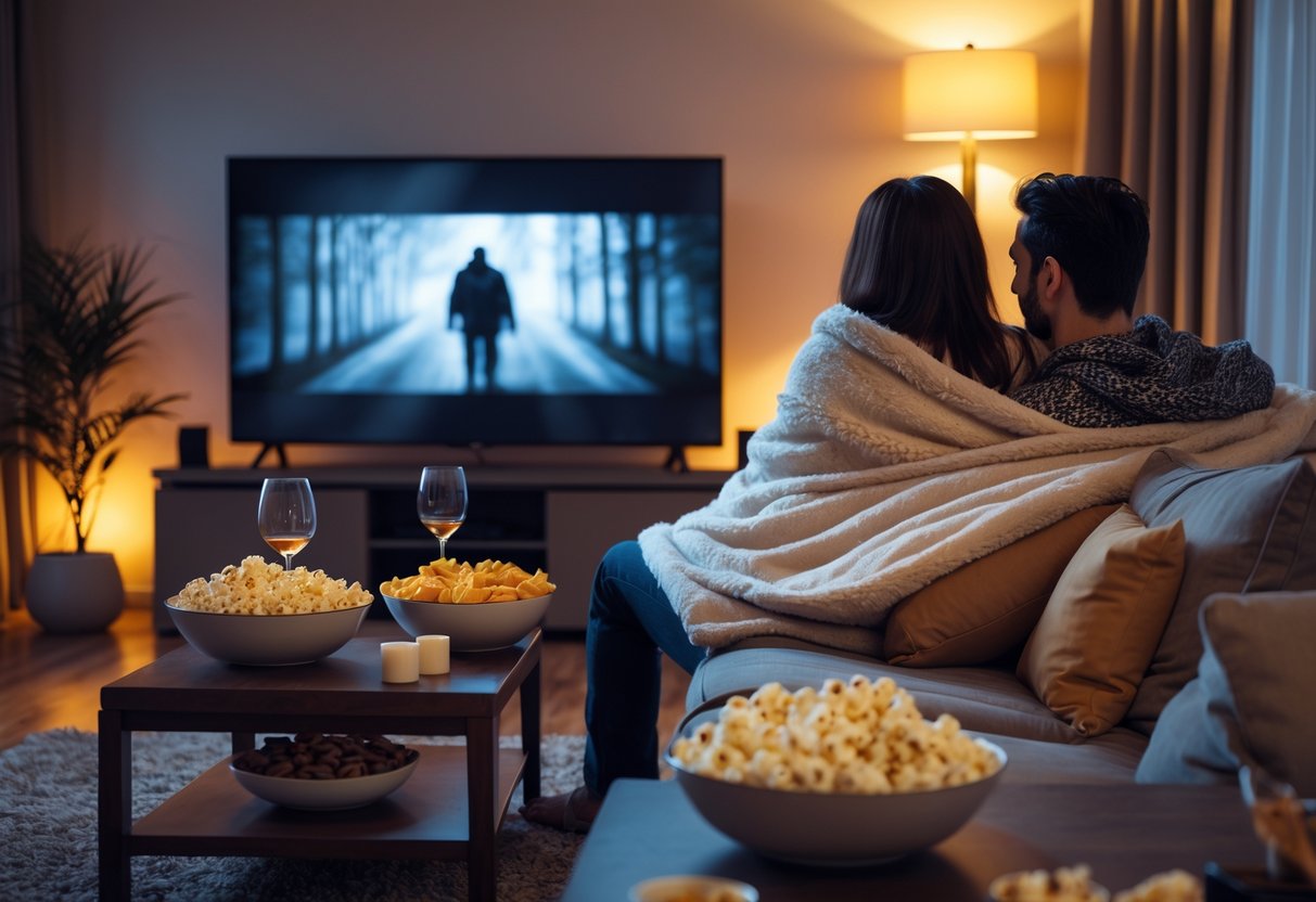 A couple sitting on a sofa watching a movie on TV with snacks and drinks on a coffee table in a cozy living room.