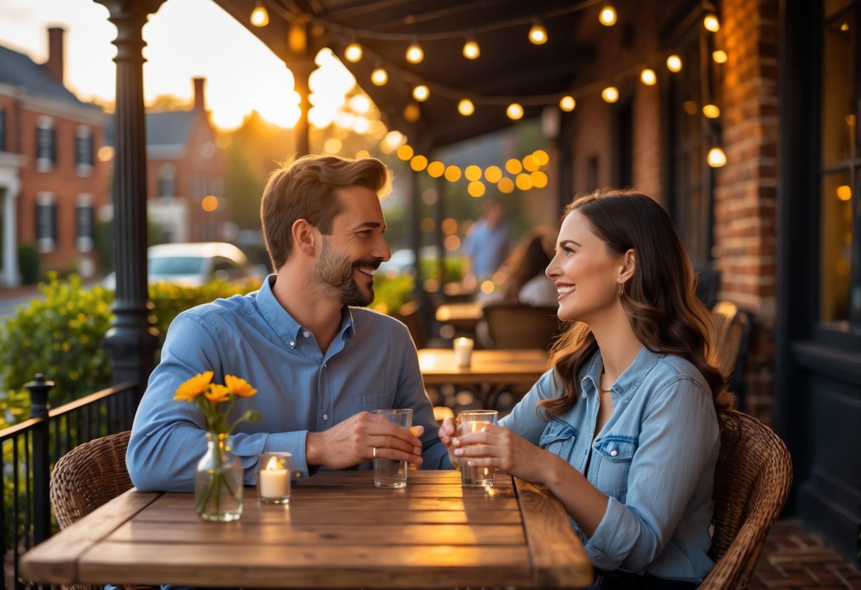 A couple enjoying a romantic outdoor date at a café patio in Fredericksburg with historic buildings and greenery in the background during sunset.
