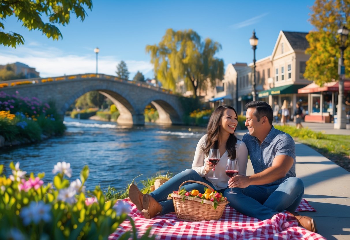 A couple enjoying a picnic by a river in a park with a historic stone bridge and downtown buildings in the background.