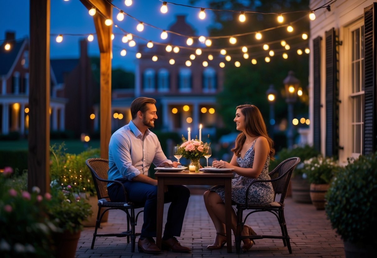 A couple enjoying a romantic outdoor dinner at dusk with string lights and historic buildings in the background.