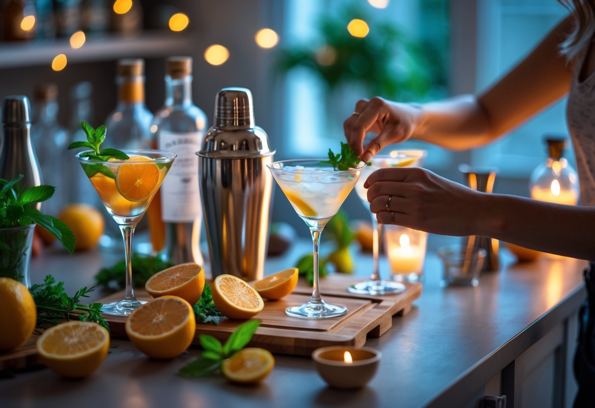 Two people making colorful cocktails together on a kitchen countertop with fresh ingredients and glassware.