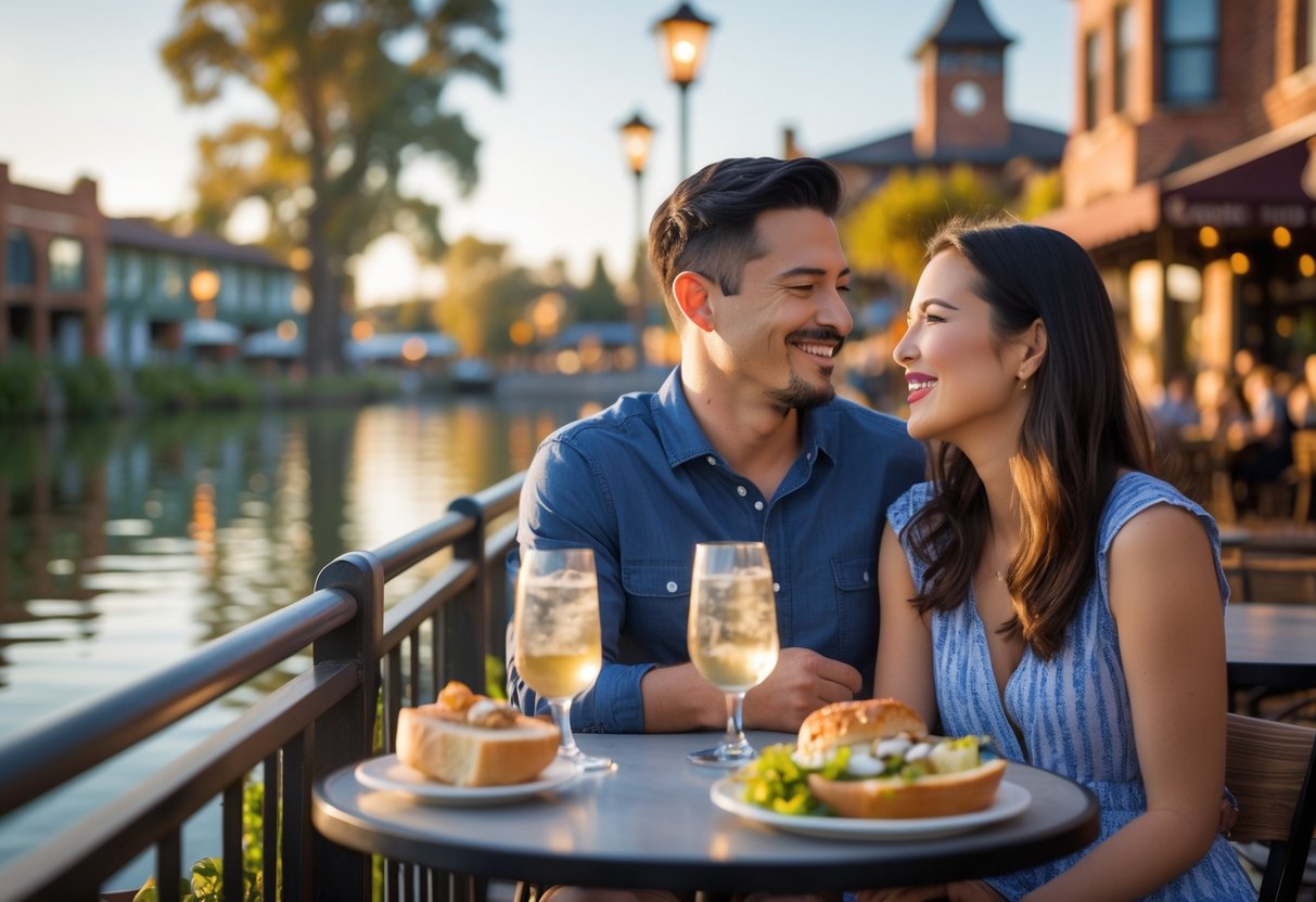 A couple enjoying a relaxed outdoor date near a lake with greenery and historic buildings in the background.