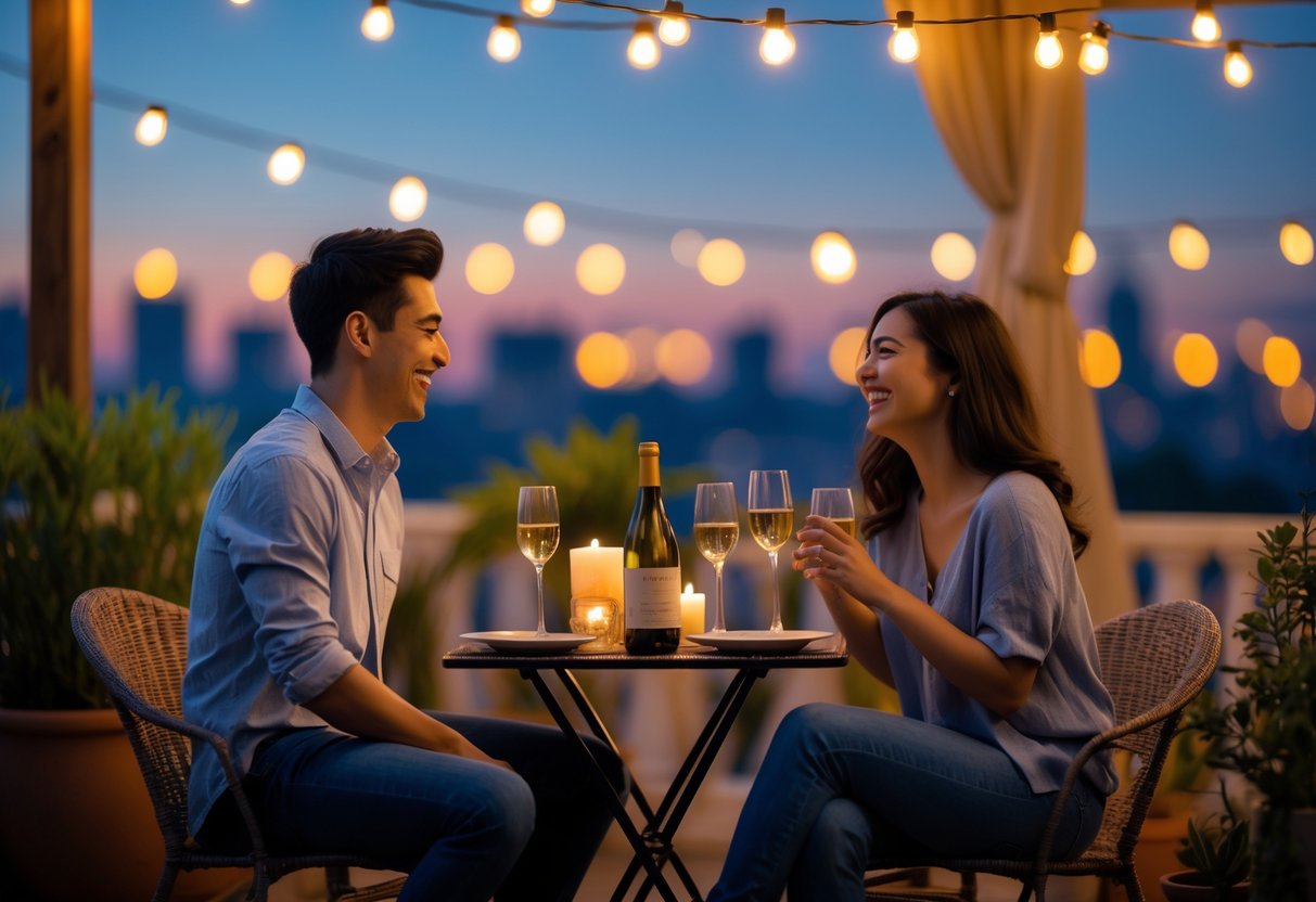 A young couple sitting at a small table outdoors at night, sharing a relaxed and happy moment together under string lights.