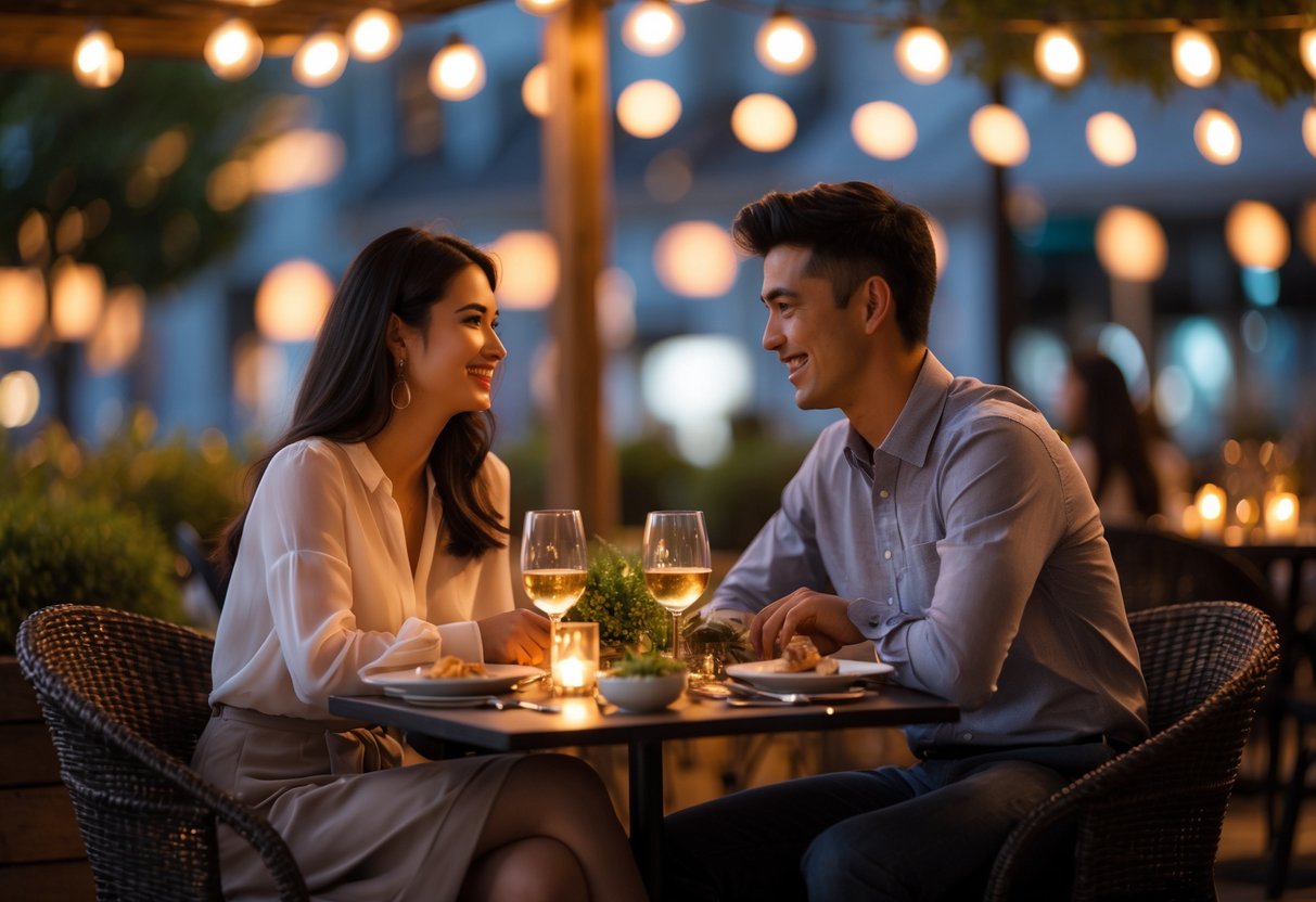 A young couple smiling and talking while seated at a small table with soft lighting during a Friday night date.