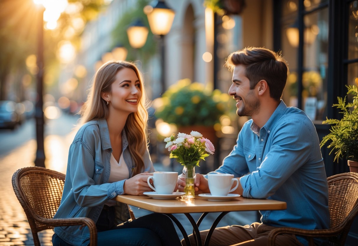 A young couple sitting at a small outdoor café table smiling and talking during a first date.