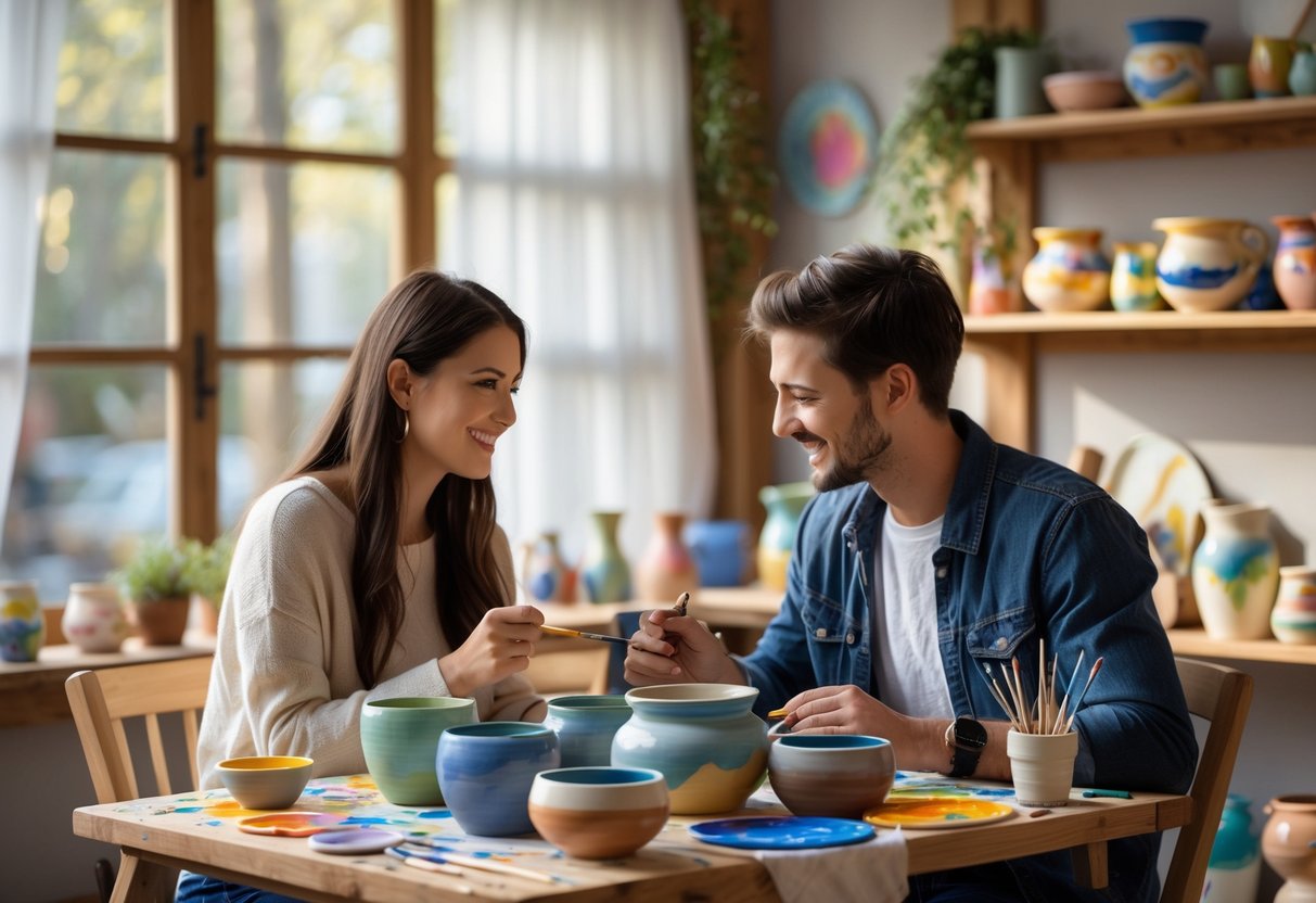 A young couple painting pottery together at a wooden table in a cozy pottery painting studio.