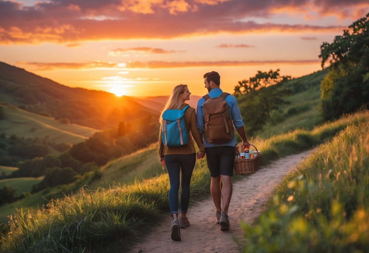 A couple hiking on a trail at sunset carrying a backpack and picnic basket with snacks.