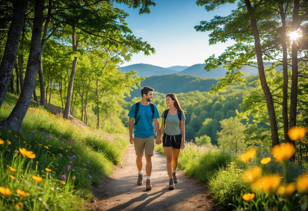 A young couple walking hand-in-hand on a forest hiking trail surrounded by trees and wildflowers.