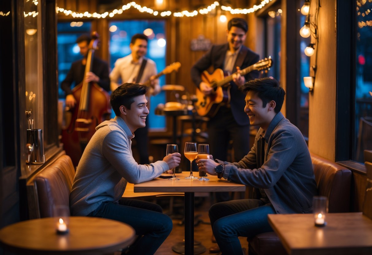 A young couple enjoying drinks together at a small table while live musicians perform on a stage in a cozy music venue.