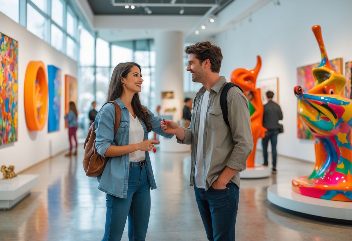 A young couple smiling and looking at colorful artwork inside a bright, modern museum or art gallery.