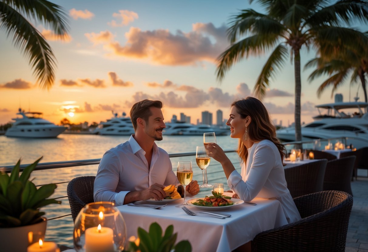 A couple having a romantic outdoor dinner by the waterfront at sunset with palm trees, yachts, and a city skyline in the background.