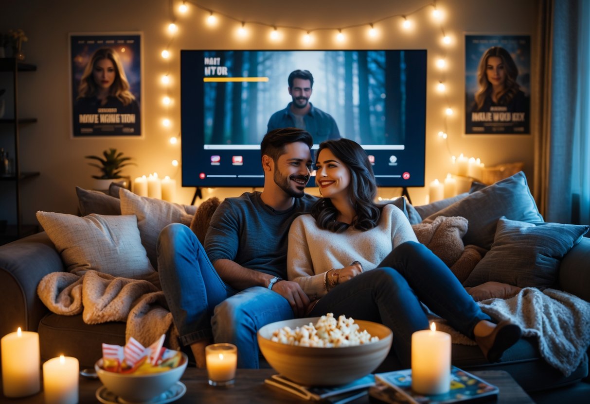 A couple sitting on a sofa in a cozy living room with snacks and a TV, enjoying a movie marathon at home.