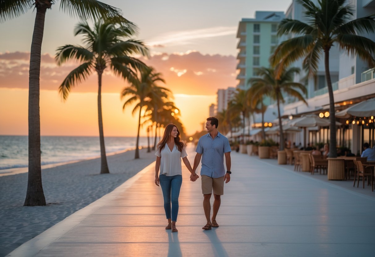 A couple walking hand in hand along a palm tree-lined beach promenade at sunset with ocean and buildings in the background.