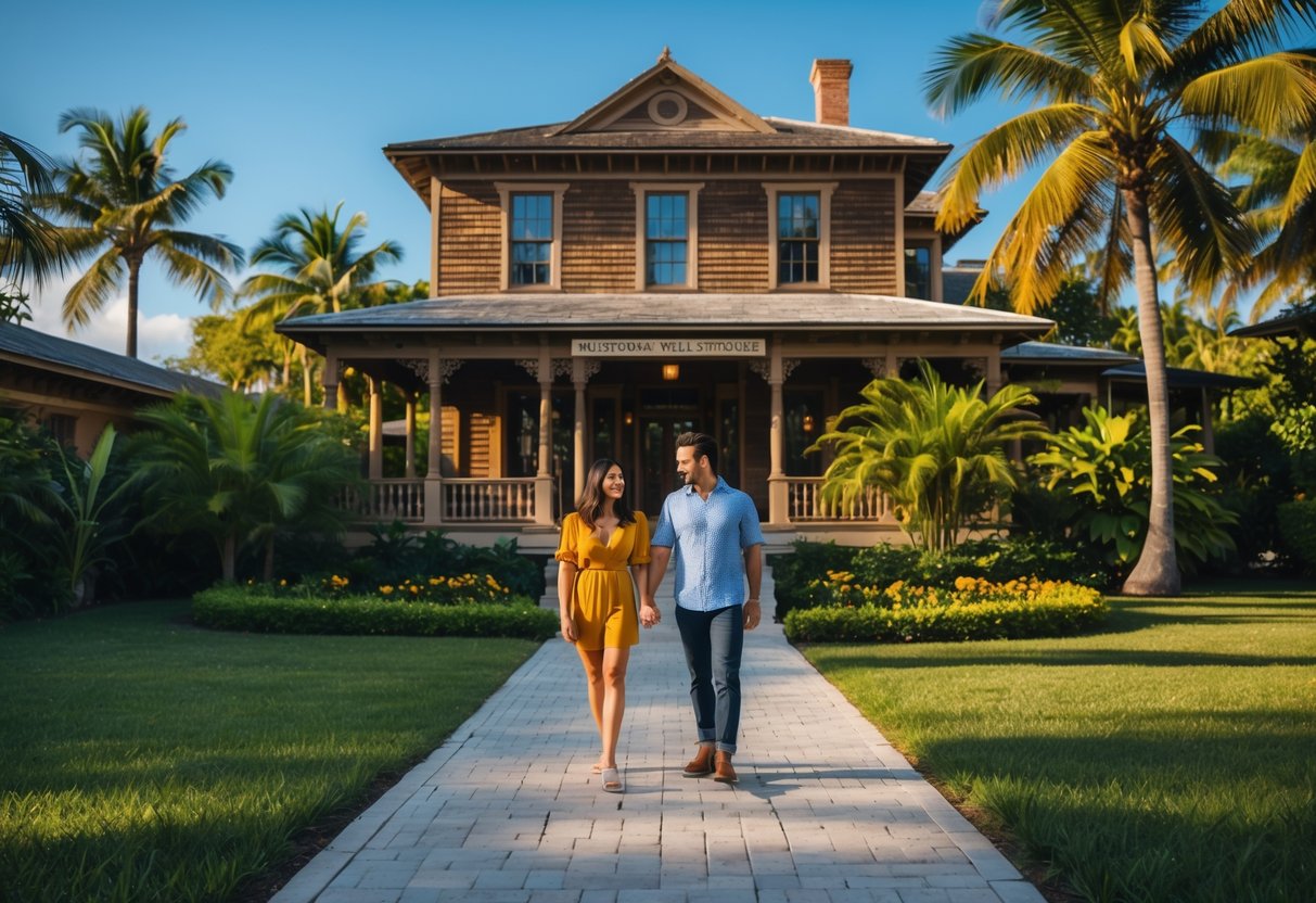 A couple walking near the historic Stranahan House Museum surrounded by palm trees and greenery on a sunny day.