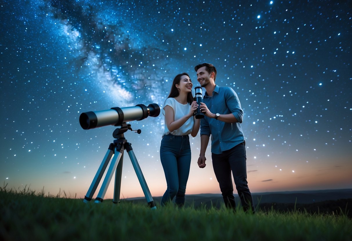 A couple outdoors at night using a telescope to look at the stars in a clear sky.