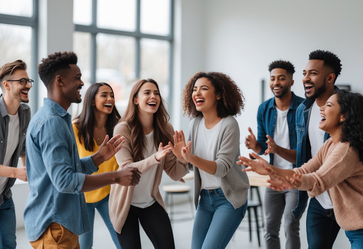 A group of young adults smiling and interacting in an improv class in a bright, modern studio.