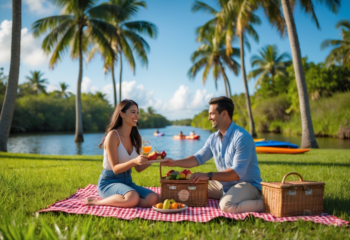 A couple having a picnic on a blanket in a green park with palm trees and a waterway in the background.