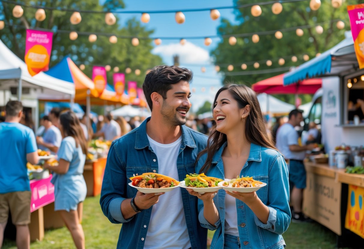 A young couple happily tasting food at an outdoor local food festival with colorful stalls and people in the background.