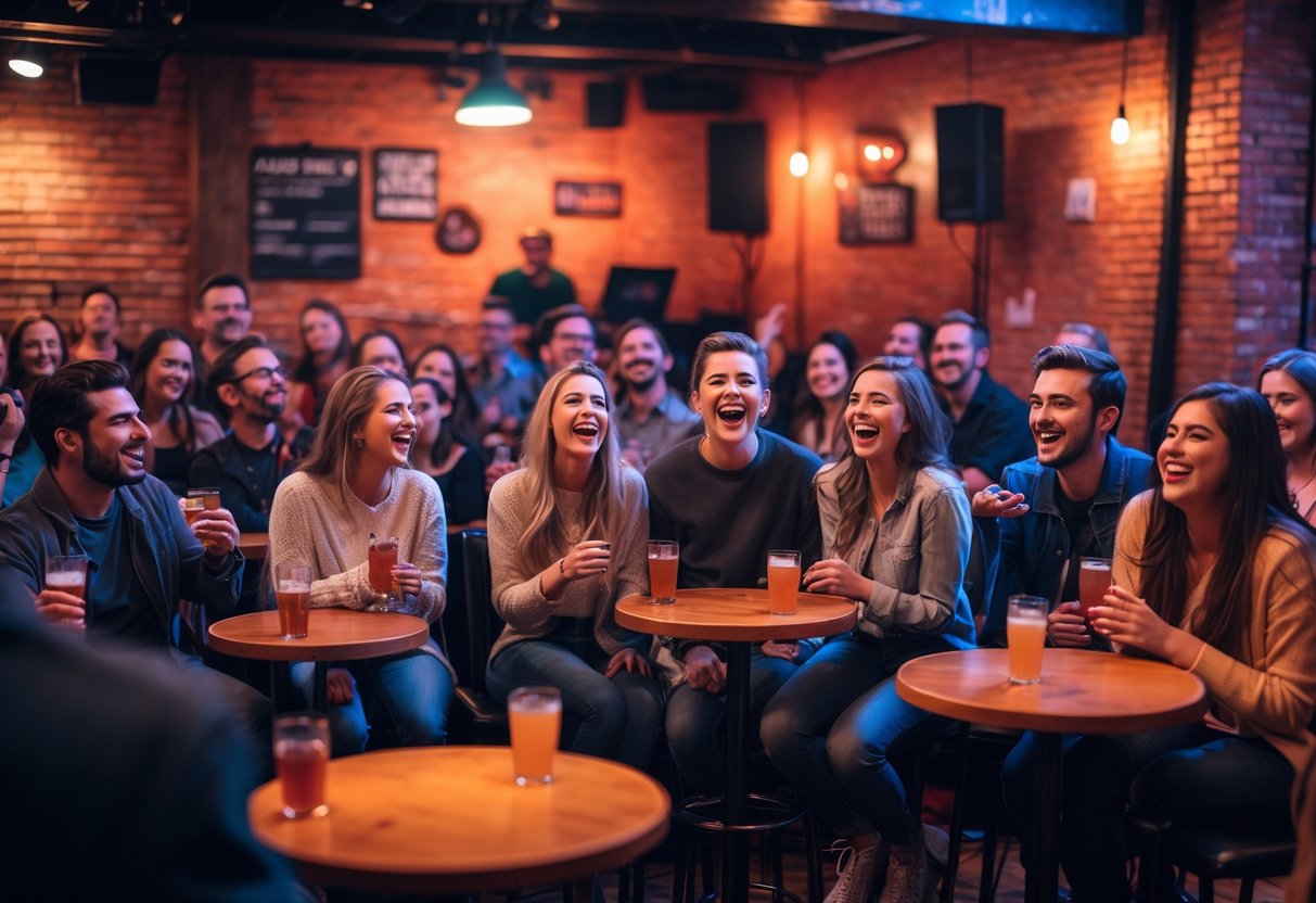 People laughing and enjoying a live comedy show at a cozy comedy club with a performer on stage.