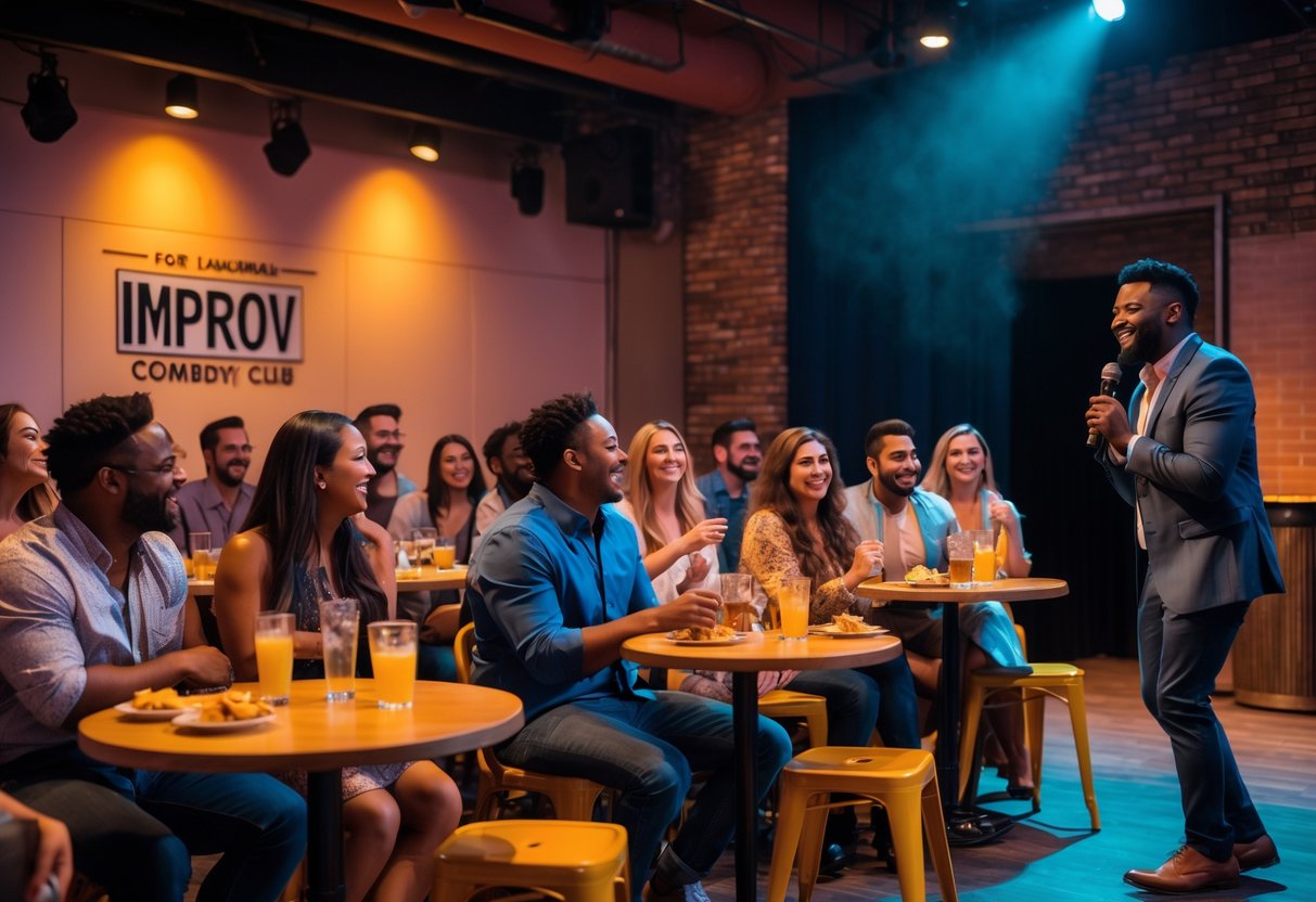 Couples enjoying a comedy show at a club with a comedian performing on stage and an engaged audience.