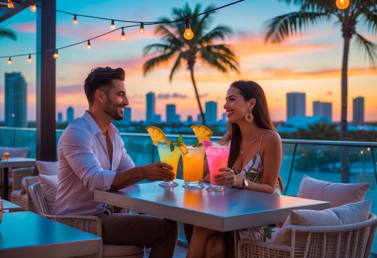 A couple enjoying cocktails together on a rooftop bar at sunset with a city skyline and palm trees in the background.