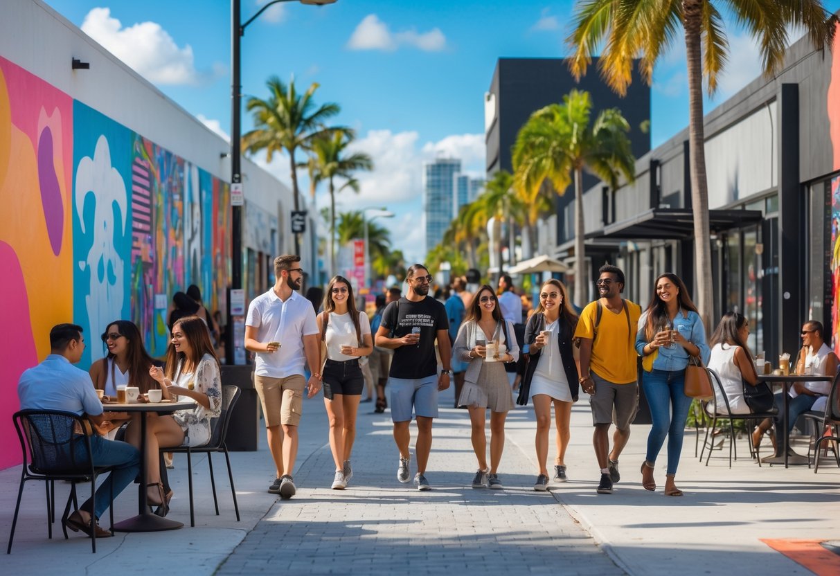 People walking and enjoying colorful murals and outdoor art displays in a sunny urban arts district.