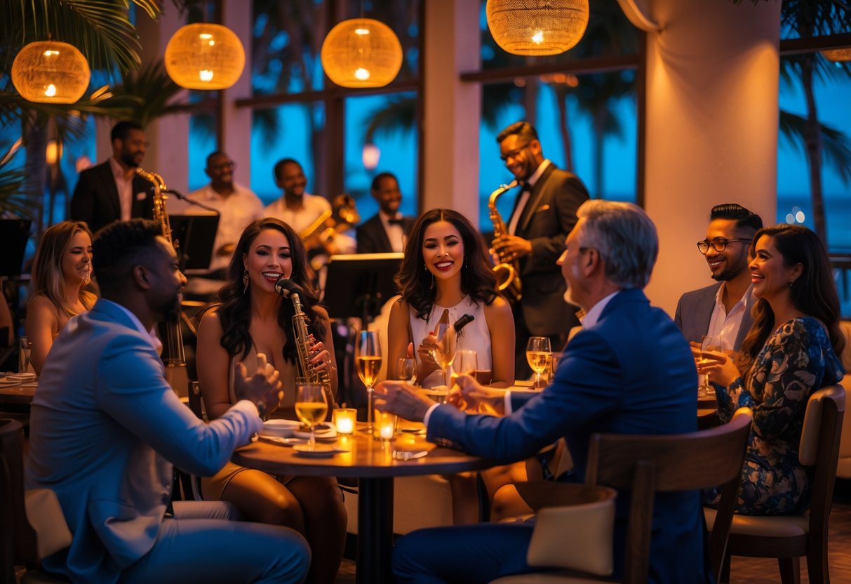 People enjoying live jazz music at a cozy club with a small band performing on stage.