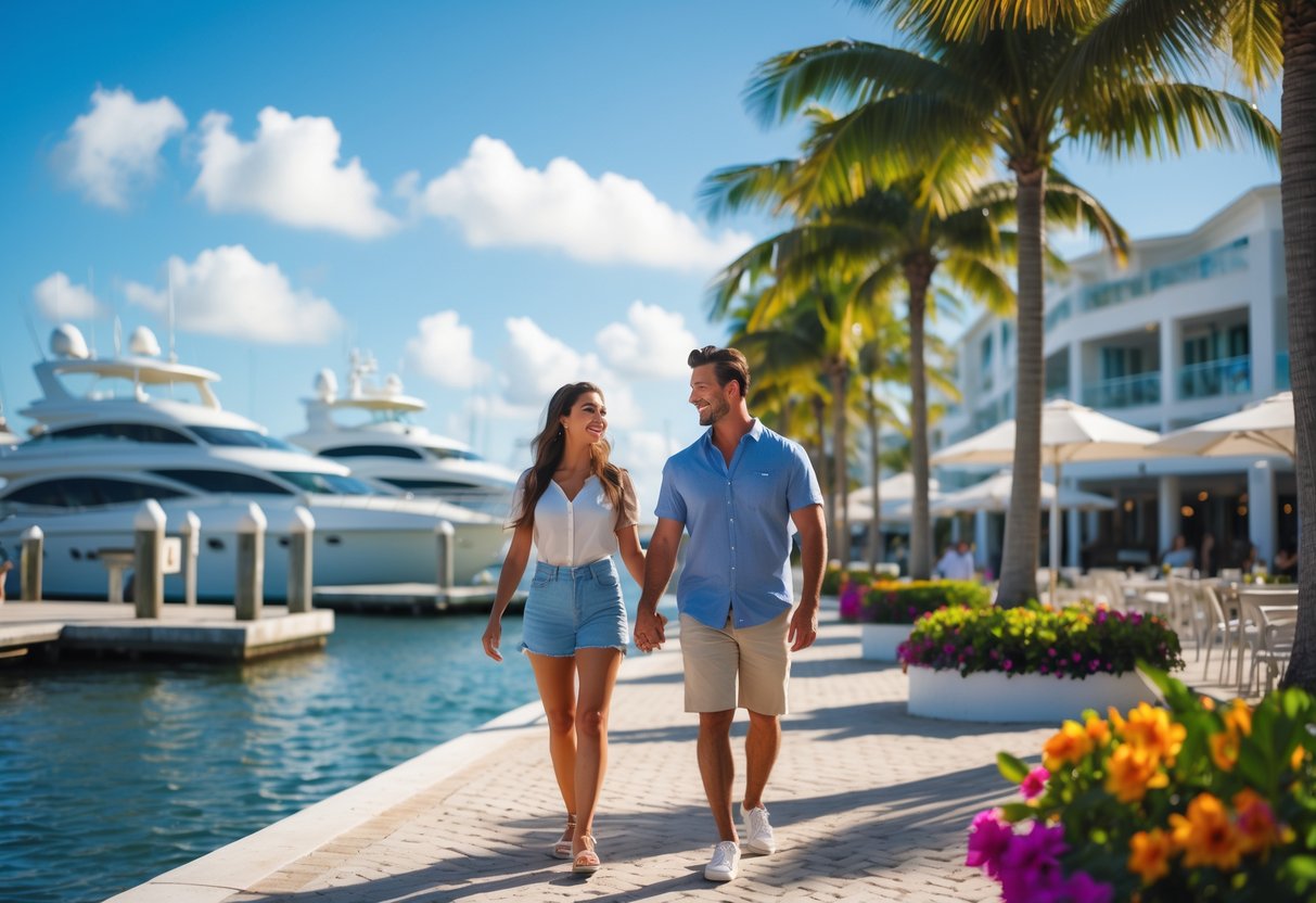 A couple walking hand in hand along a palm tree-lined waterfront promenade with yachts and a beach in the background.