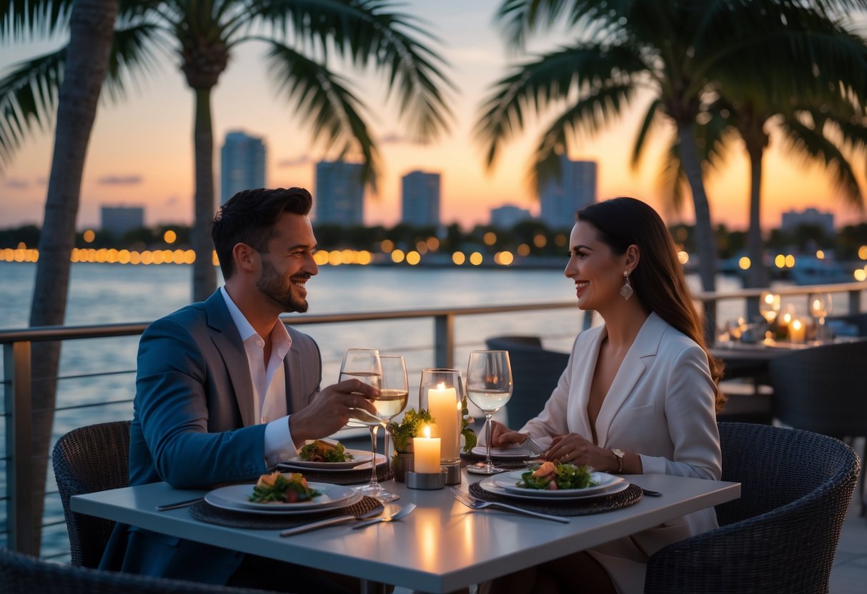 A couple enjoying a romantic outdoor dinner by the water at sunset with palm trees and city lights in the background.