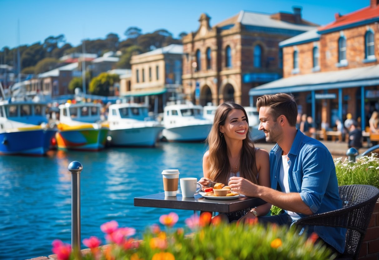 A young couple sitting at an outdoor café near the Fremantle Fishing Boat Harbour with boats and historic buildings in the background on a sunny day.