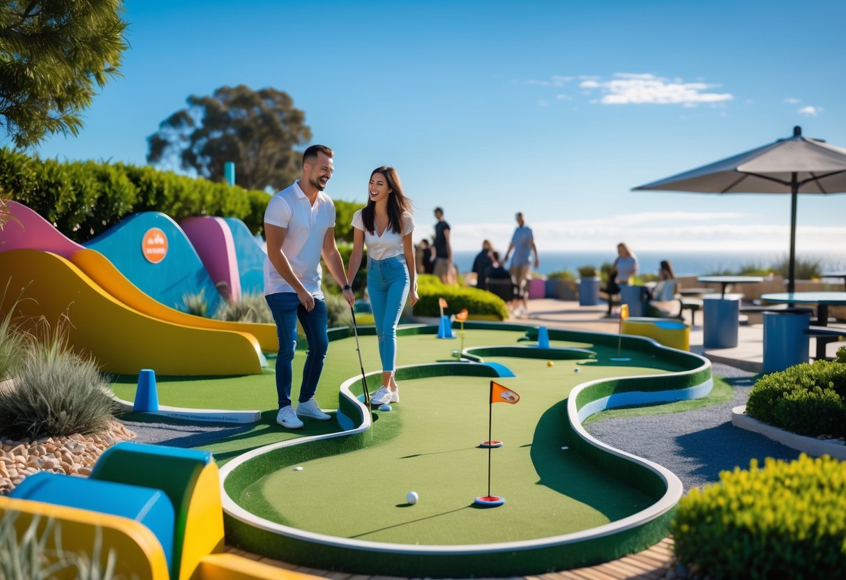 A couple playing mini-golf outdoors on a sunny day at a colorful course with greenery around.