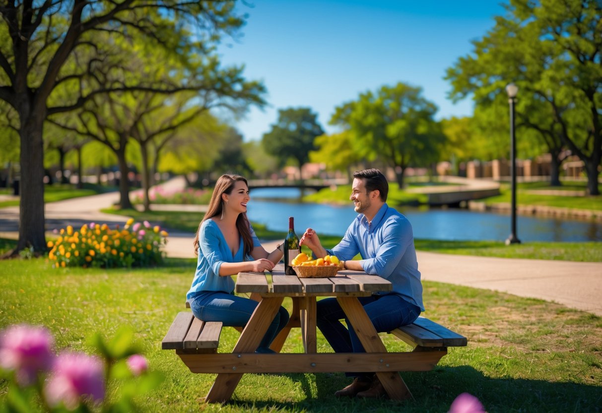 A young couple sitting at a picnic table in a park surrounded by trees and flowers, enjoying a romantic outdoor date.