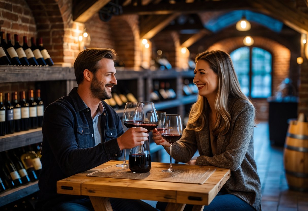 A couple enjoying a private wine tasting session at a cozy wine cellar with wine glasses and bottles on a wooden table.